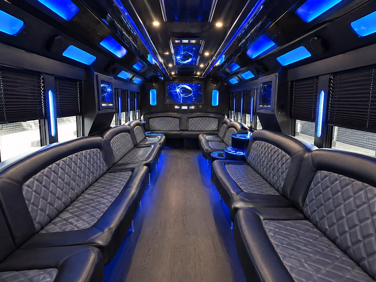 Interior of a party bus rental serving Rochester