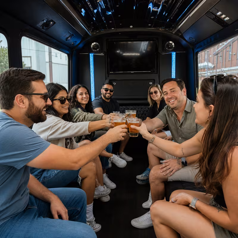Group boarding a white charter bus for Winery & Brewery Tour Transportation transportation in Rochester